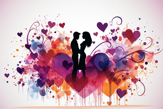 silhouette di una bella coppia su un'illustrazione astratta di un cuore