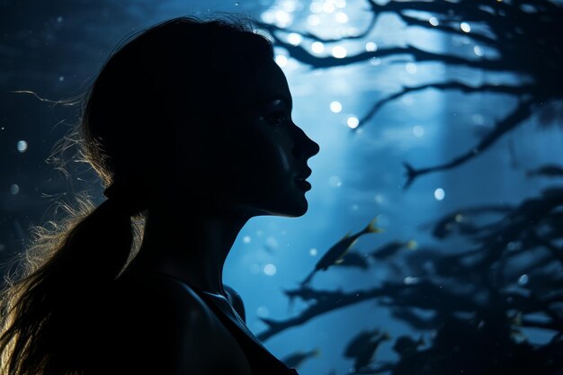 silhouette di una bella donna al buio sotto l'acqua