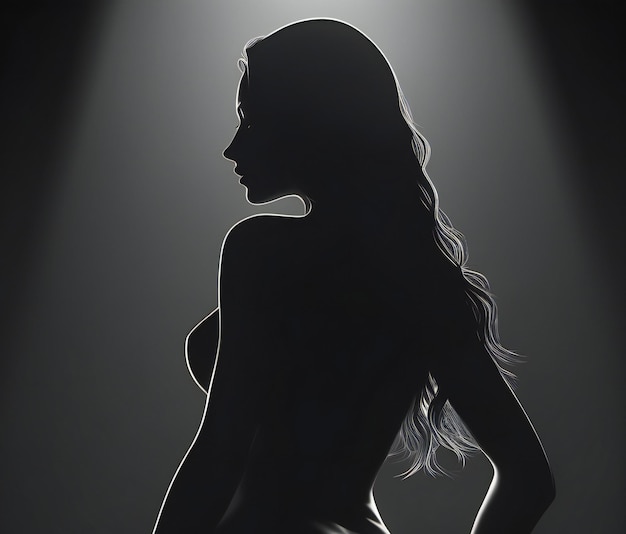 Silhouette di una bella donna con i capelli lunghi su uno sfondo scuro