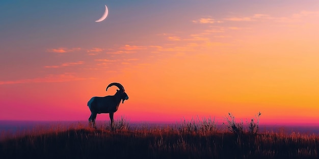 Silhouette di una capra di montagna con luna crescente a sinistra paesaggio notturno per tema islamico