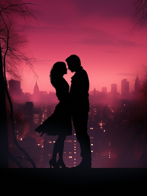 Silhouette di una coppia che si bacia al tramonto Un uomo e una donna che si baciano Luce rosa sfondo della città Generato dall'IA