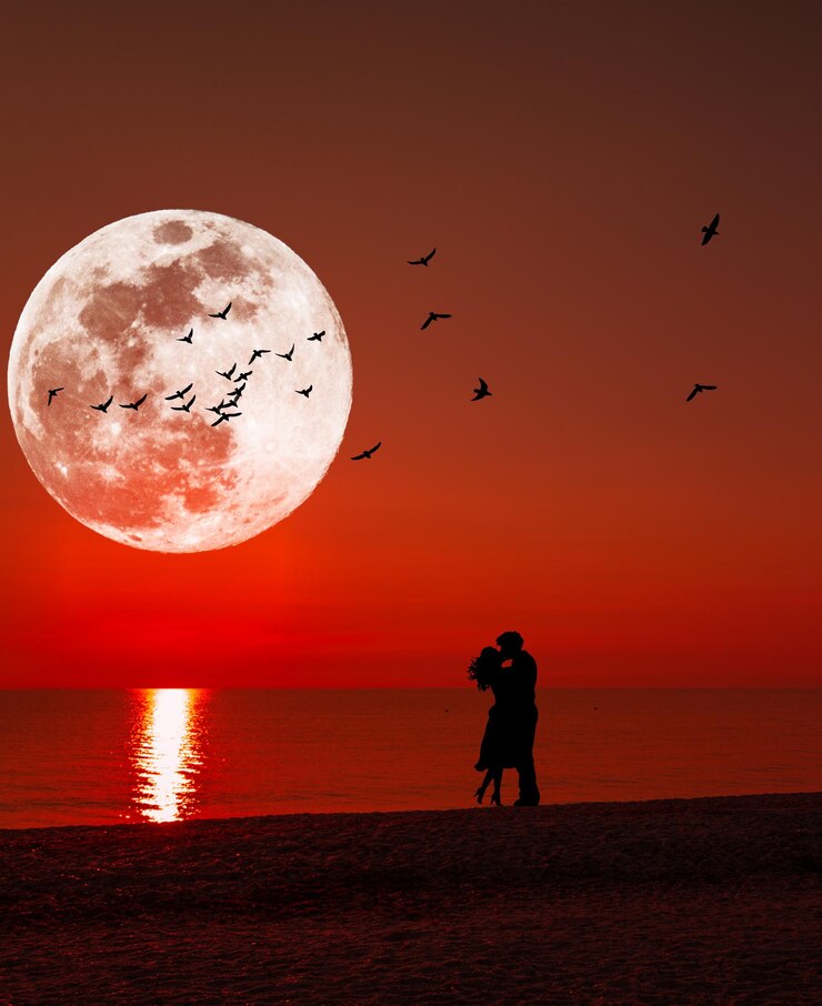 Silhouette di una coppia che si bacia sotto la luna piena al tramonto