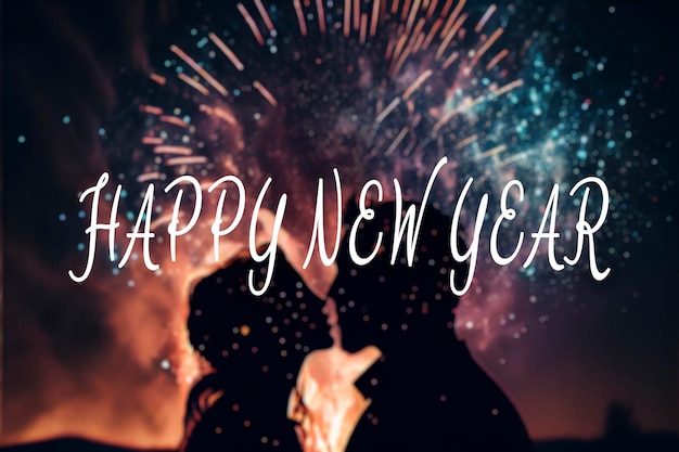 Silhouette di una coppia con fuochi d'artificio di Capodanno e testo di felice anno nuovo