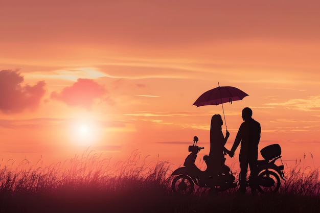 Silhouette di una coppia con ombrello e scooter sullo sfondo del tramonto