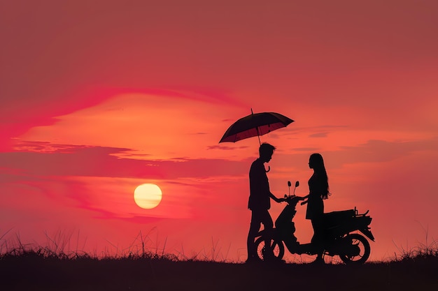 Silhouette di una coppia con ombrello e scooter sullo sfondo del tramonto