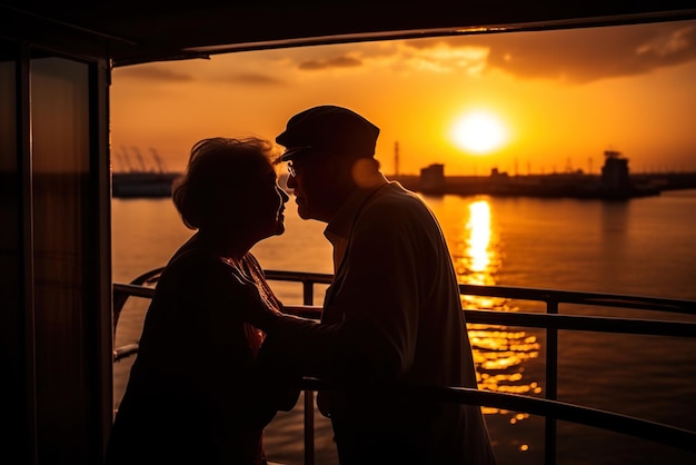 Silhouette di una coppia di innamorati su una nave da crociera al tramonto IA generativa