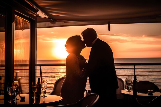 Silhouette di una coppia di innamorati su una nave da crociera al tramonto IA generativa