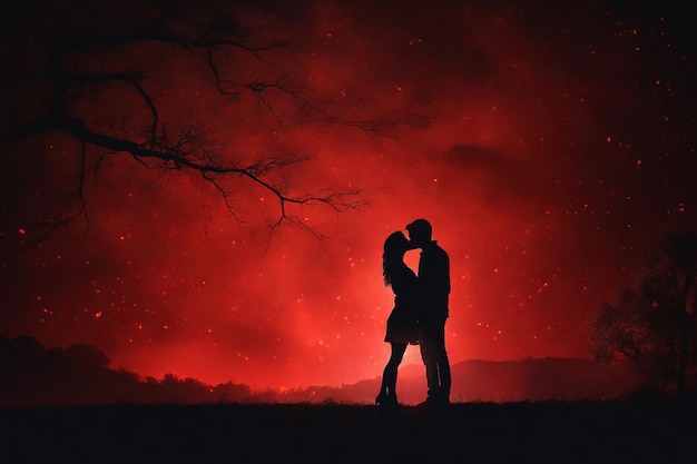Silhouette di una coppia innamorata che si bacia nella foresta di notte