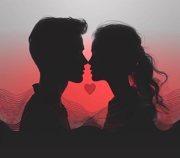 Silhouette di una coppia innamorata su uno sfondo rosso con un cuore