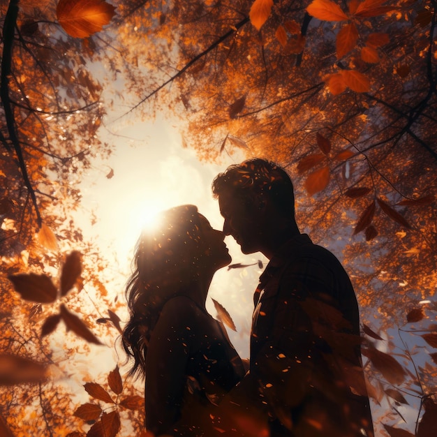 Silhouette di una coppia innamorata sullo sfondo delle foglie autunnali che cadono