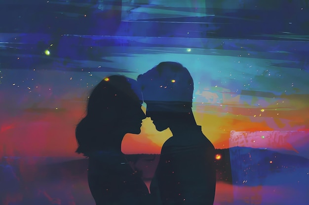 Silhouette di una coppia romantica che si abbraccia contro uno sfondo cosmico vibrante che mescola amore e fantasia in un'armonia magica