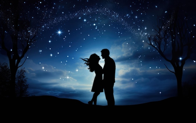 Silhouette di una coppia romantica in piedi abbracciati sulla bellezza del cielo notturno con stelle luminose