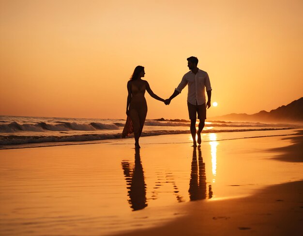 Silhouette di una coppia sulla spiaggia al tramonto