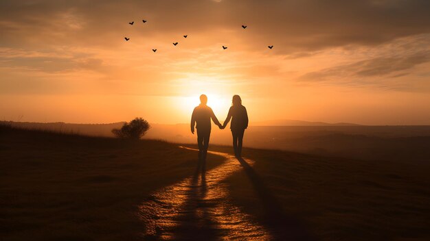 Silhouette di una coppia umana eterosessuale che si tengono per mano e camminano verso l'alba nel campo estivo Rete neurale generata nel maggio 2023 Non basata su alcuna scena o modello di persona reale