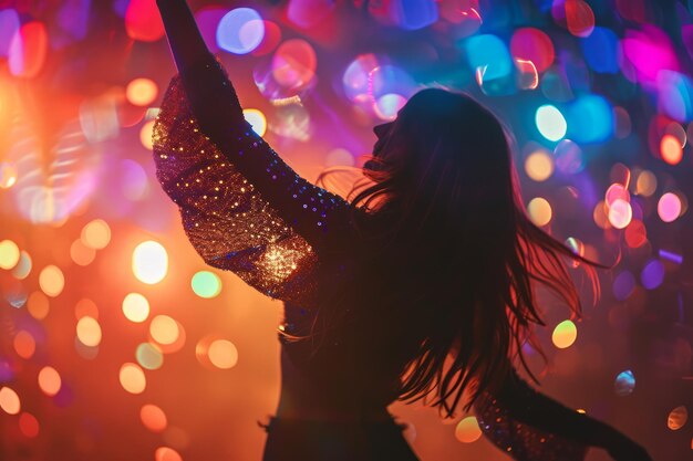 Silhouette di una donna che balla a una festa con luci bokeh colorate sullo sfondo