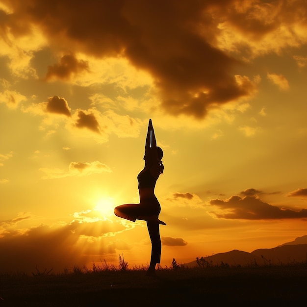 Silhouette di una donna che fa yoga al tramonto