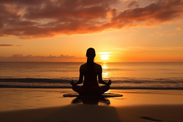 silhouette di una donna che medita sulla spiaggia