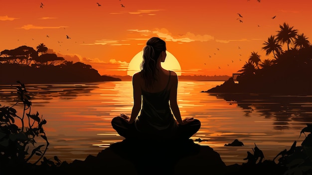 Silhouette di una donna che pratica lo yoga in un bellissimo tramonto, una vita sana, la respirazione e la meditazione.