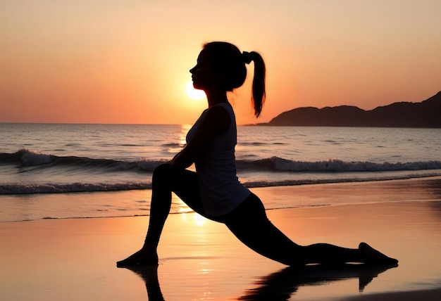 Silhouette di una donna che pratica yoga sulla spiaggia al tramonto Poster del concetto di stile di vita sano