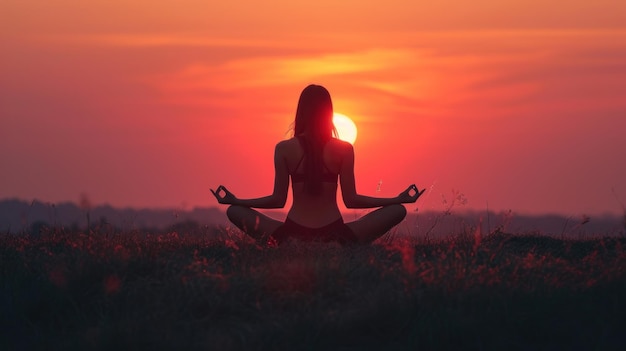 Silhouette di una donna con il corpo perfetto che fa yoga al tramonto