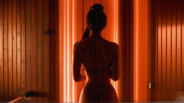 Silhouette di una donna con la schiena in un asciugamano in una sauna concetto di sauna e spa a infrarossi