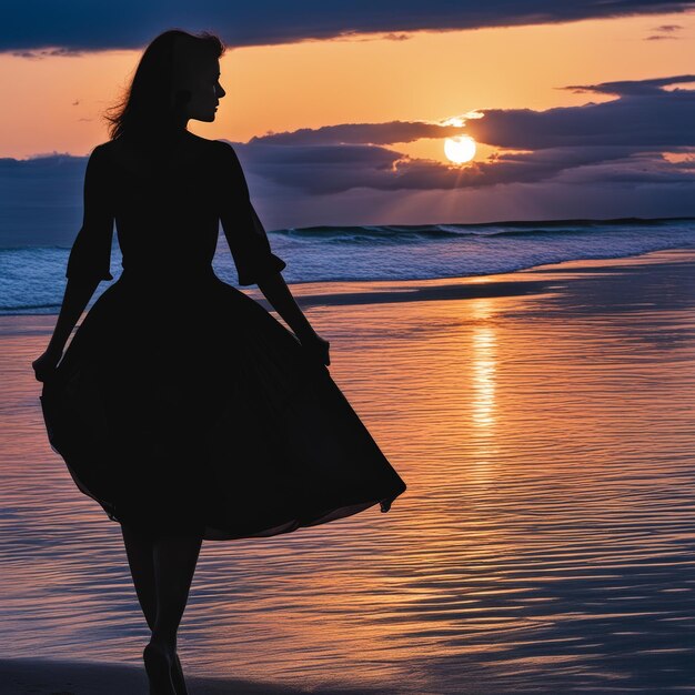 silhouette di una donna con un tramonto su una spiaggia silhouette of a woman with a sunset on a beach