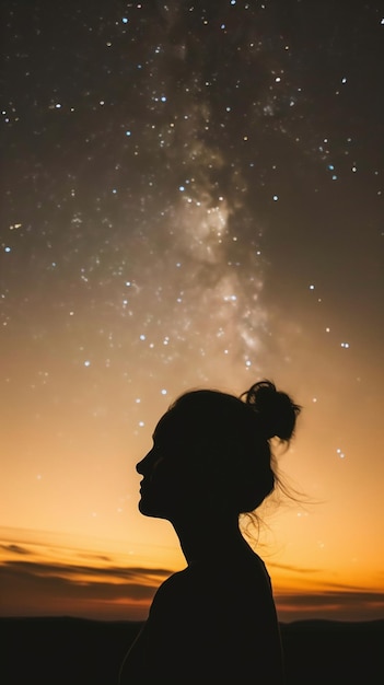 Silhouette di una donna contemplativa contro un cielo crepuscolare disseminato di stelle