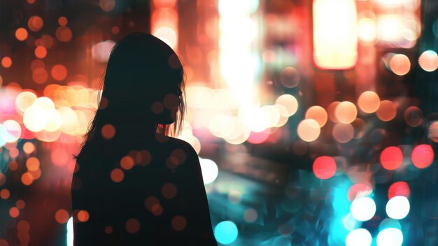 Silhouette di una donna contro un bokeh di luci della città che evocano la solitudine urbana