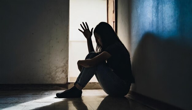 Silhouette di una donna disperata che simboleggia l'angoscia mentale e il PTSD su uno sfondo oscuro