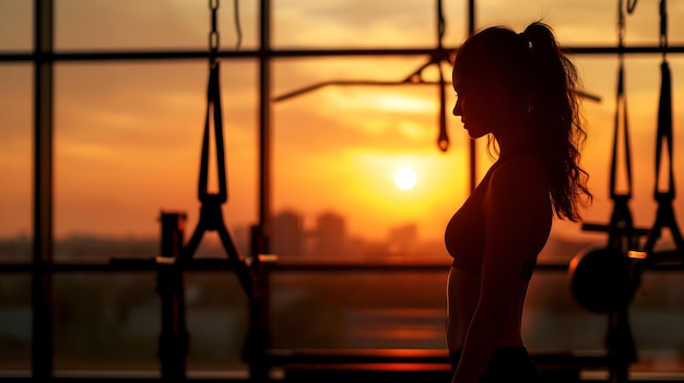 Silhouette di una donna in palestra durante il tramonto