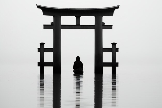 Silhouette di una donna seduta davanti alla porta torii