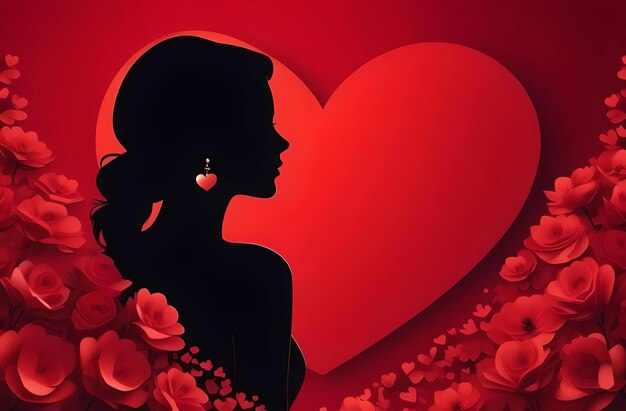 Silhouette di una donna su uno sfondo di cuore rosso