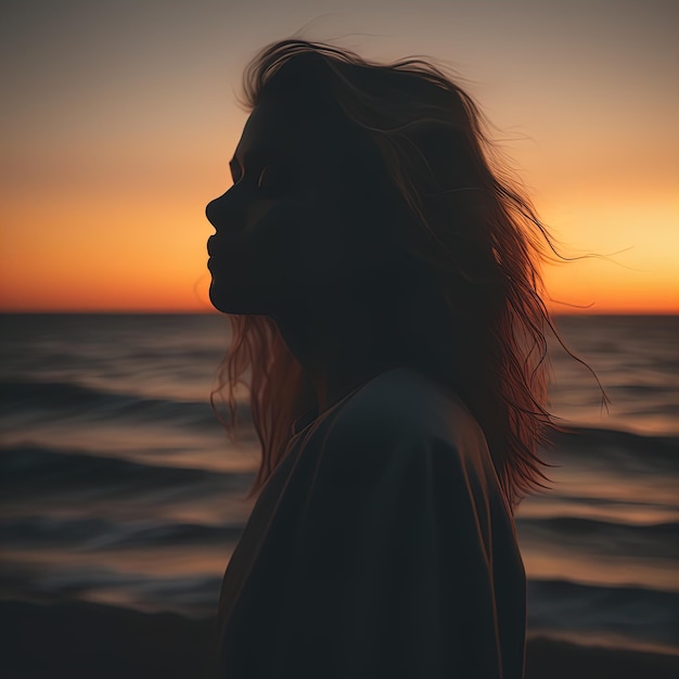 silhouette di una donna sulla spiaggia al tramontosilhouette di una donna sulla spiaggia al tramontogiovane woma