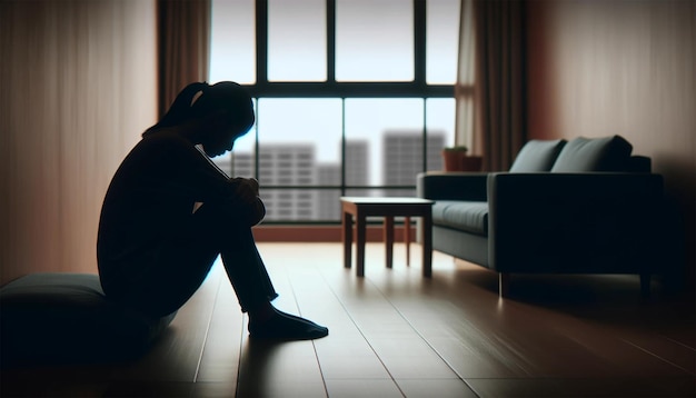Silhouette di una donna triste seduta da sola in un soggiorno