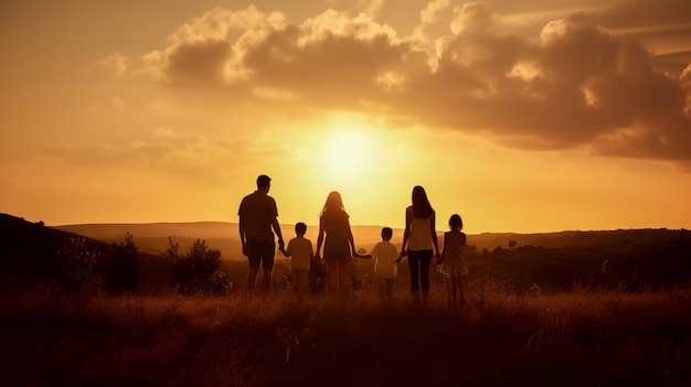 Silhouette di una famiglia felice che cammina nel campo al tramonto IA generativa