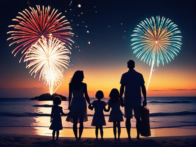 Silhouette di una famiglia felice che guarda i fuochi d'artificio sulla spiaggia di notte