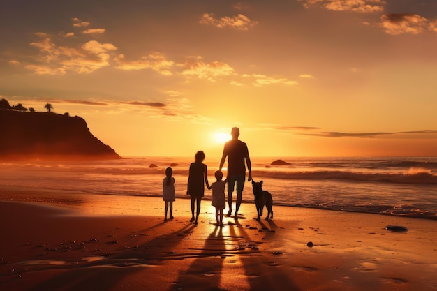Silhouette di una famiglia felice sulla spiaggia al tramonto Concetto di viaggio Famiglia felice sulla spiaggia vicino al mare al tramonto Generato dall'AI