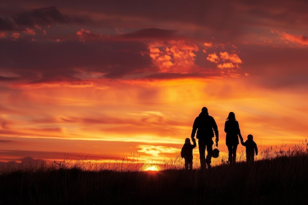 Silhouette di una famiglia in viaggio che si uniscono sotto il tramonto