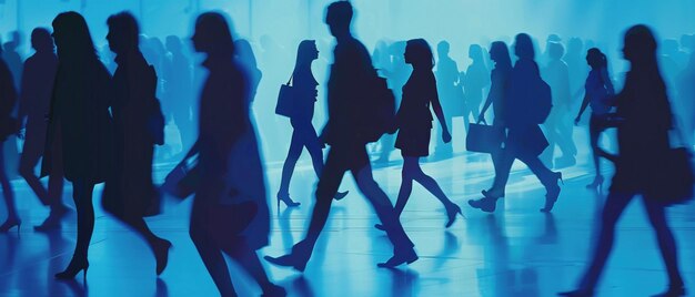 Silhouette di una folla di uomini d'affari in movimento in un ambiente aziendale blu