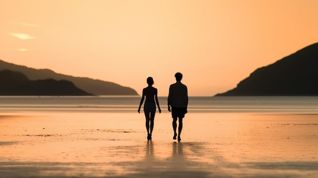 Silhouette di una giovane coppia che cammina su una spiaggia al tramonto Una perfetta fuga romantica IA generativa