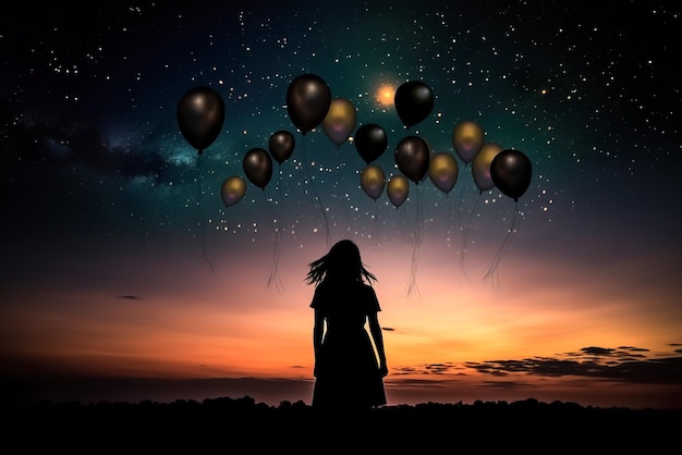 Silhouette di una giovane donna che guarda palloncini colorati che volano nel cielo IA generativa