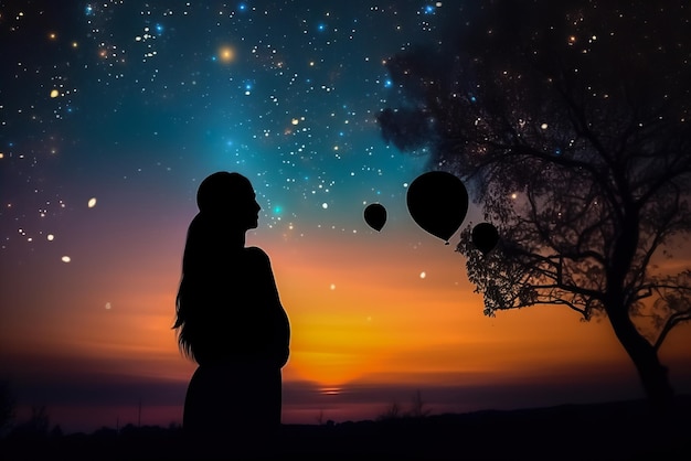 Silhouette di una giovane donna che guarda palloncini colorati che volano nel cielo IA generativa