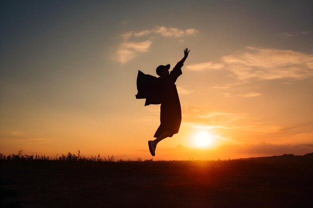 Silhouette di una giovane donna che salta con un diploma al tramonto