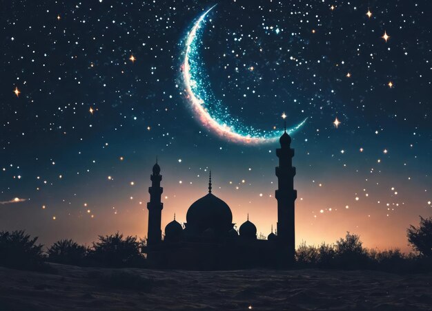 Silhouette di una moschea nel cielo notturno