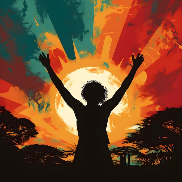silhouette di una persona africana con le braccia alzate in segno di vittoria e un sole nascente nei colori della bandiera africana