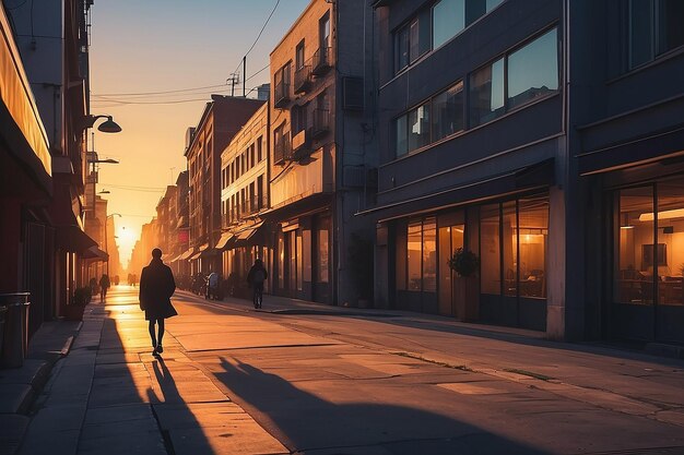 Silhouette di una persona che cammina al tramonto sulla strada della città ai generare