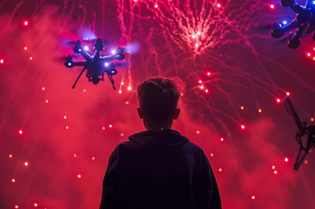 Silhouette di una persona che guarda uno spettacolo di luci di droni con fuochi d'artificio nel cielo notturno