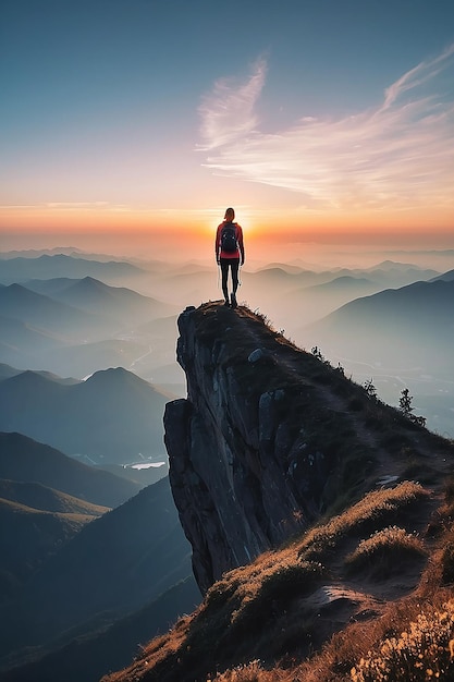 Silhouette di una persona in piedi su una montagna durante l'alba dopo un'escursione AI generativa