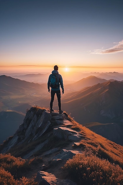 Silhouette di una persona in piedi su una montagna durante l'alba dopo un'escursione AI generativa