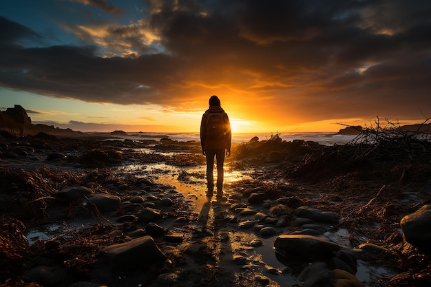 silhouette di una persona in piedi su una spiaggia desolata